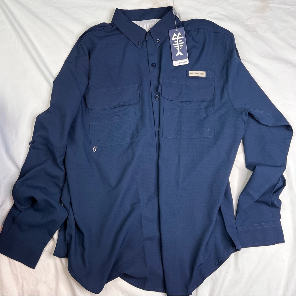 BASSDASH Mens Performance Long Sleeve Blue Fishing Hiking Shirt Sz Large L041122